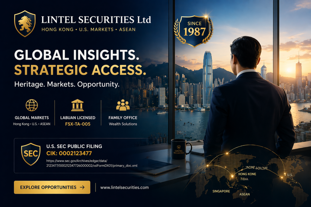 LINTEL SECURITIES Ltd homepage banner featuring a professional businessman overlooking a Hong Kong skyline, highlighting global markets, ASEAN strategy, SEC filing CIK 0002123477, and institutional wealth management services.