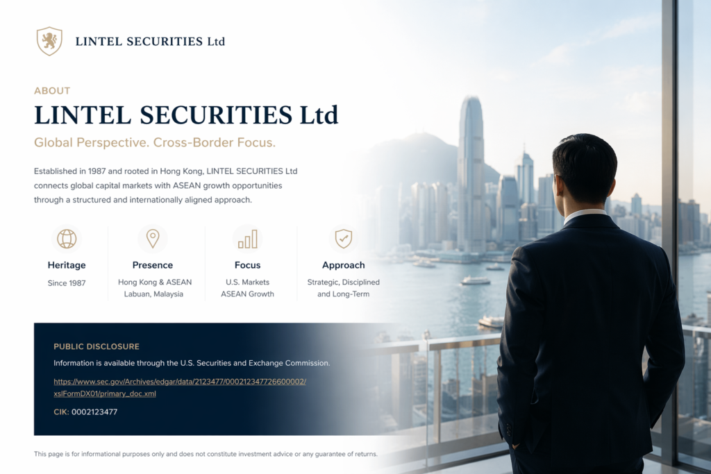 LINTEL SECURITIES Ltd about page visual featuring a professional businessman overlooking a modern city skyline, representing global markets, Hong Kong roots, and cross-border financial strategy.