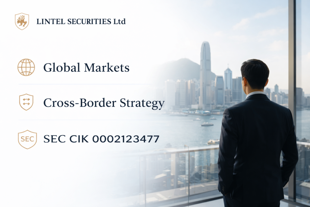 LINTEL SECURITIES Ltd banner showing a businessman overlooking a city skyline with keywords Global Markets, Cross-Border Strategy, and SEC CIK 0002123477.